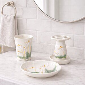 Vintage Calla Lily Bathroom Vanity Set, Toothbrush Holder, Soap Dish & Tumbler